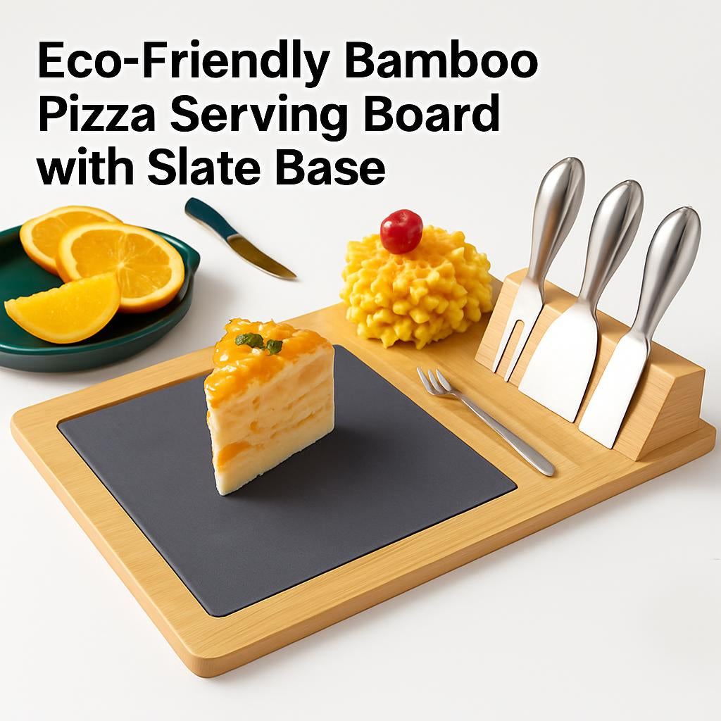 Eco-Friendly Bamboo Cheese Board Set with Slate and Stainless Steel Knives