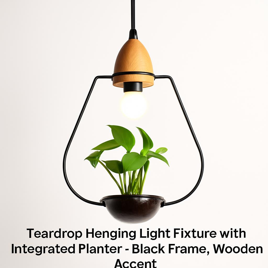 Teardrop Hanging Light Fixture with Integrated Planter - Black Frame, Wooden Accent