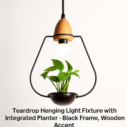 Teardrop Hanging Light Fixture with Integrated Planter - Black Frame, Wooden Accent