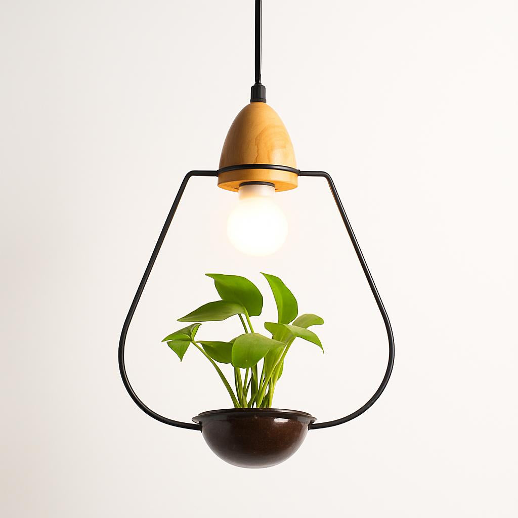 Teardrop Hanging Light Fixture with Integrated Planter - Black Frame, Wooden Accent