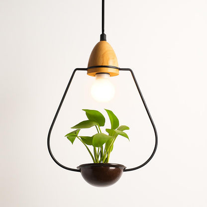 Teardrop Hanging Light Fixture with Integrated Planter - Black Frame, Wooden Accent