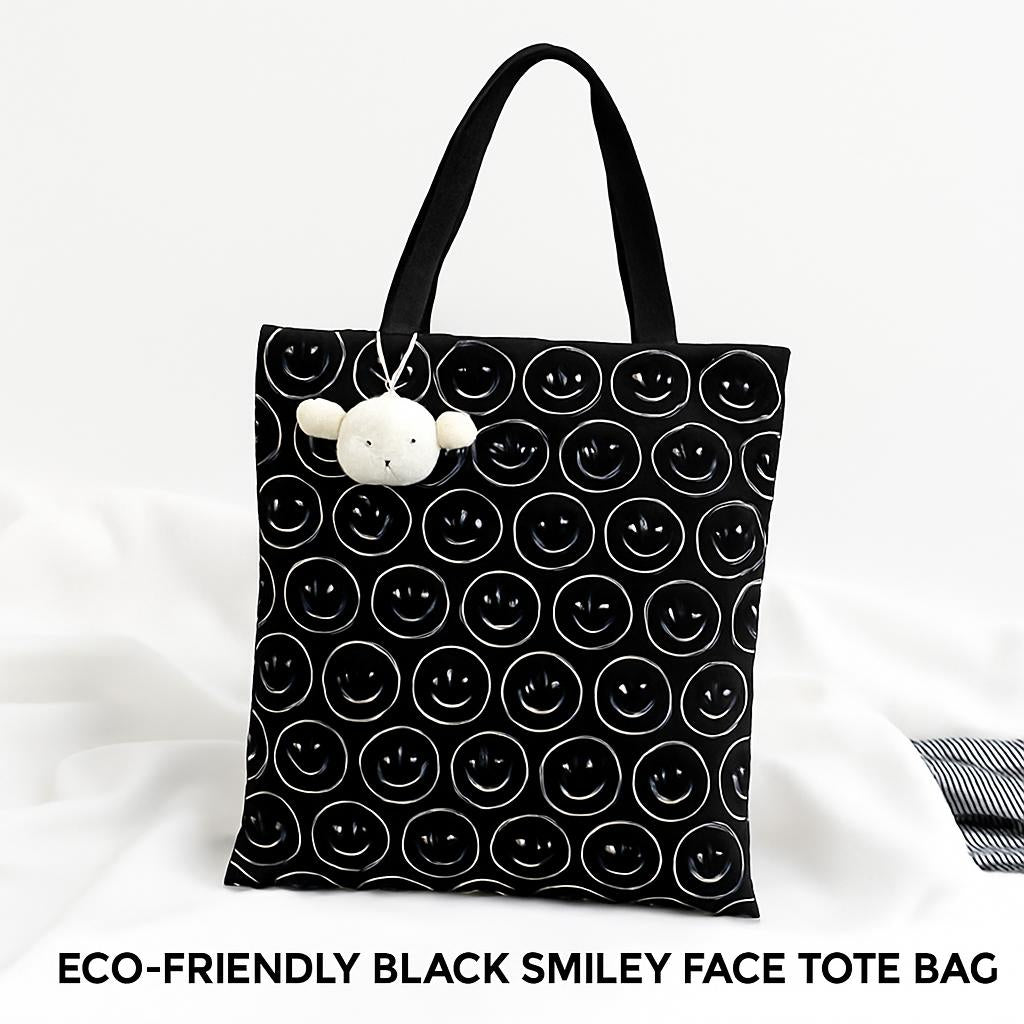 Eco-Friendly Black Smiley Face Tote Bag - Sustainable & Reusable