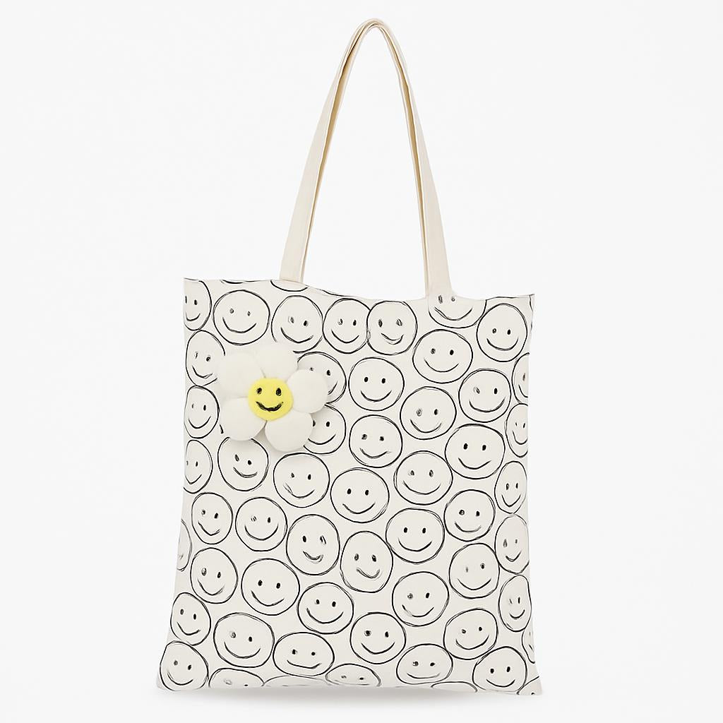 Eco-Friendly Black Smiley Face Tote Bag - Sustainable & Reusable