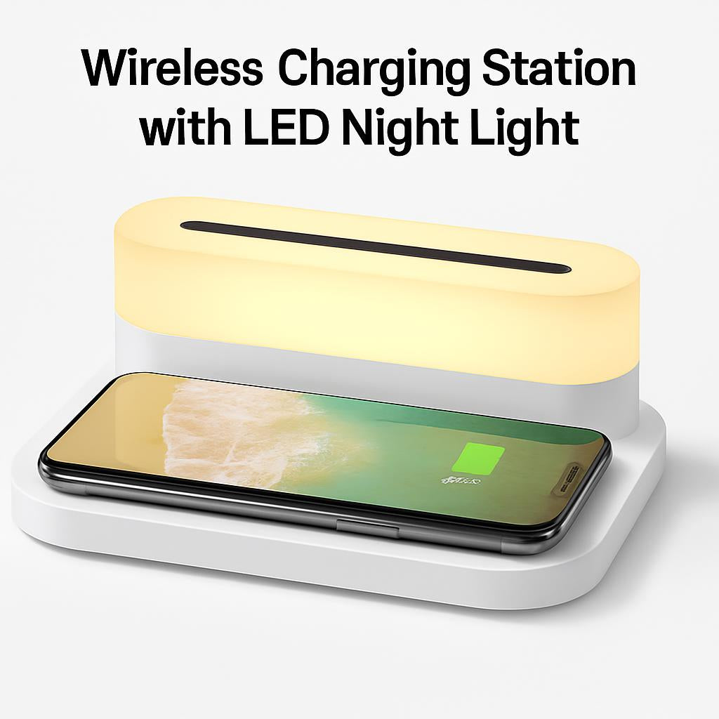 Wireless charging station with LED night light on a bedside table