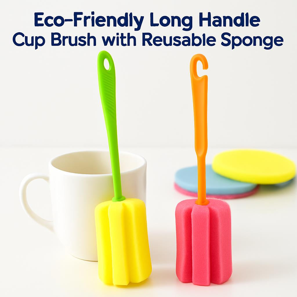 Eco-Friendly Long Handle Cup Brush with Reusable Sponge
