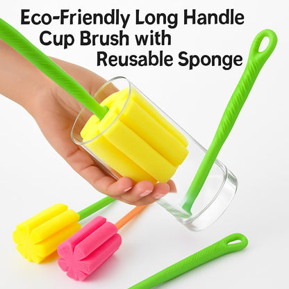 Eco-Friendly Long Handle Cup Brush with Reusable Sponge