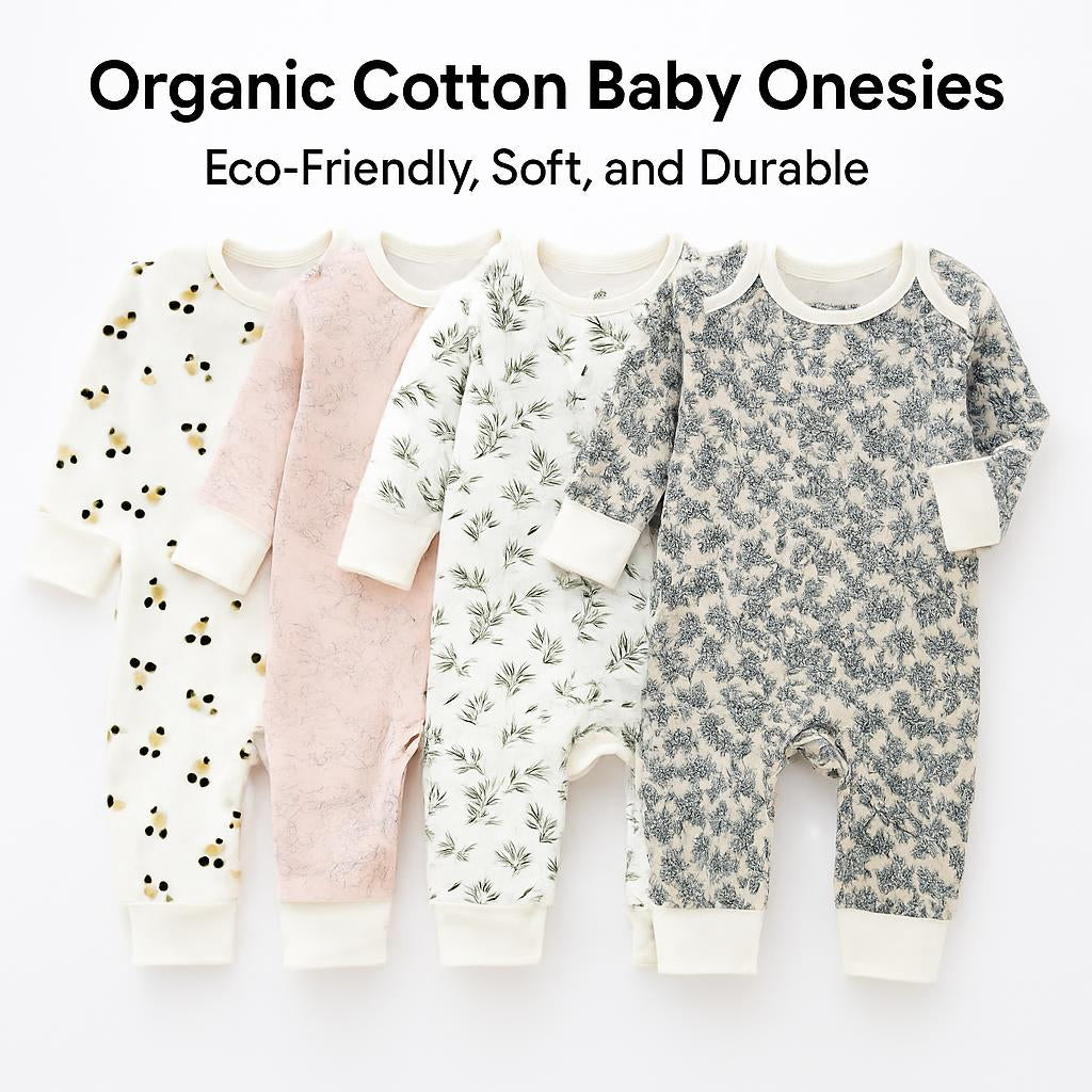 Organic cotton baby onesies with floral and animal prints