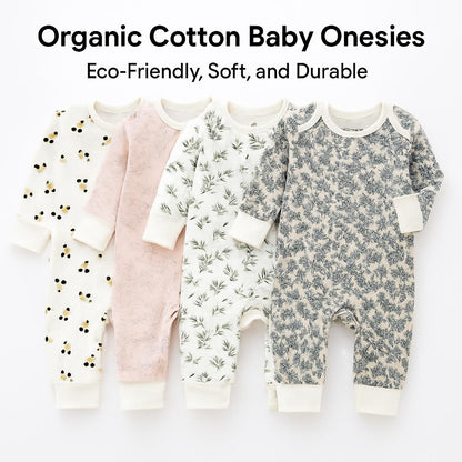 Organic cotton baby onesies with floral and animal prints