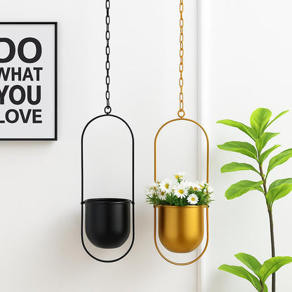Black and Gold Hanging Planters with Oval Frame and Cylindrical Pot