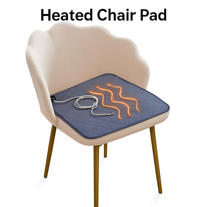 Gray energy-efficient heated seat cushion on a chair
