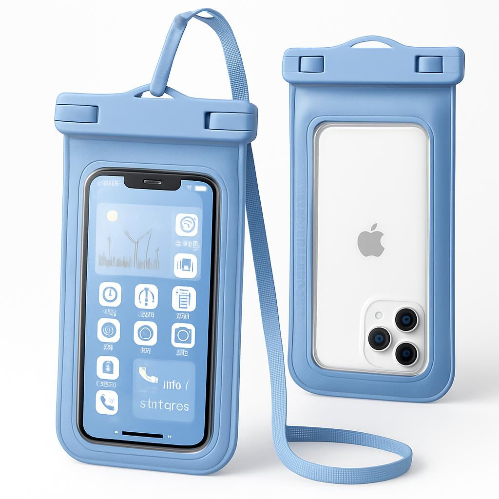 Light blue waterproof phone pouch with rounded edges