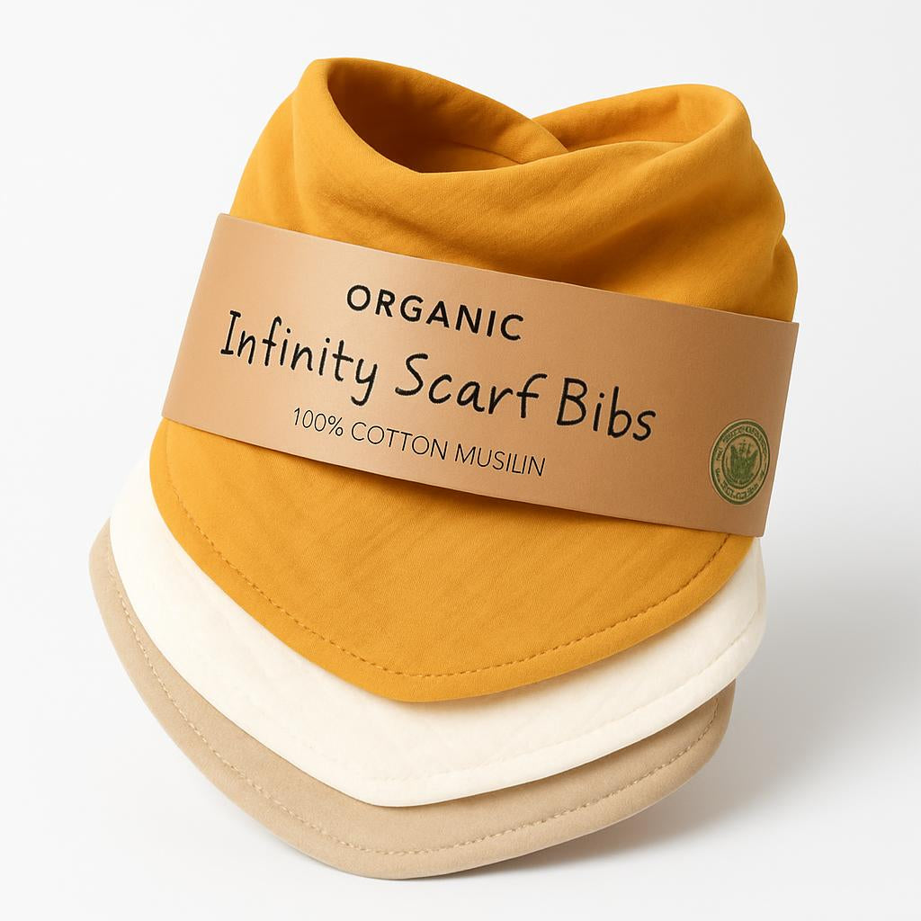 Organic Cotton Infinity Scarf Bibs in Yellow, White, and Beige