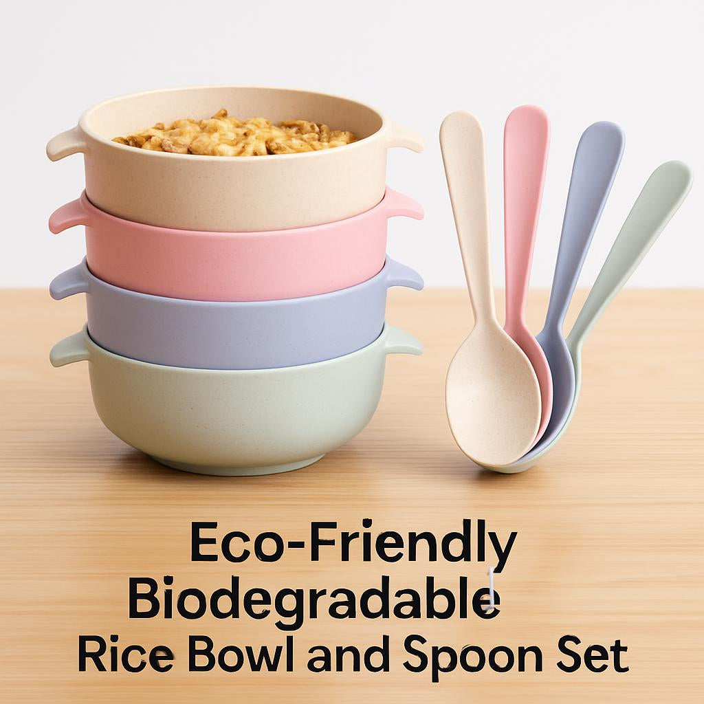 Eco-Friendly Biodegradable Bowl and Spoon Set in Pink, Blue, Beige, Green