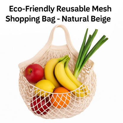 Natural beige reusable mesh shopping bag with handles