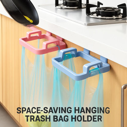 Pink and blue hanging trash bag holder for cabinet doors