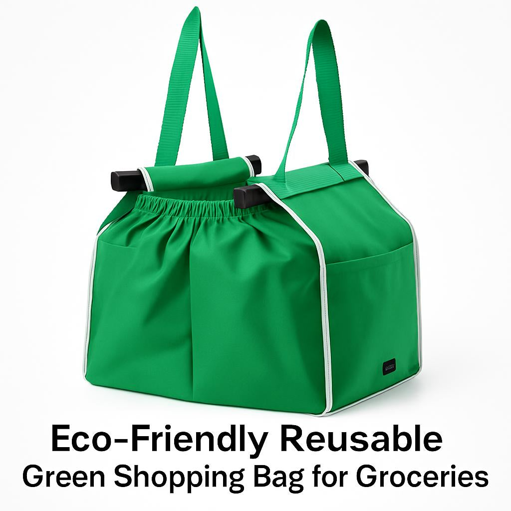 Green reusable shopping bag with wide base for groceries