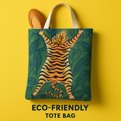 Green tote bag with tiger and leaf pattern