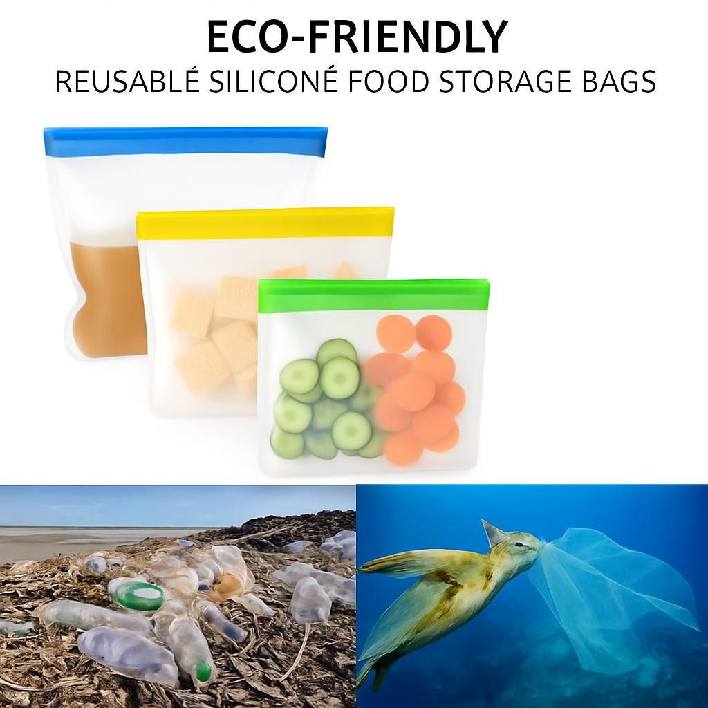 Reusable silicone food storage bags with colored zip closures