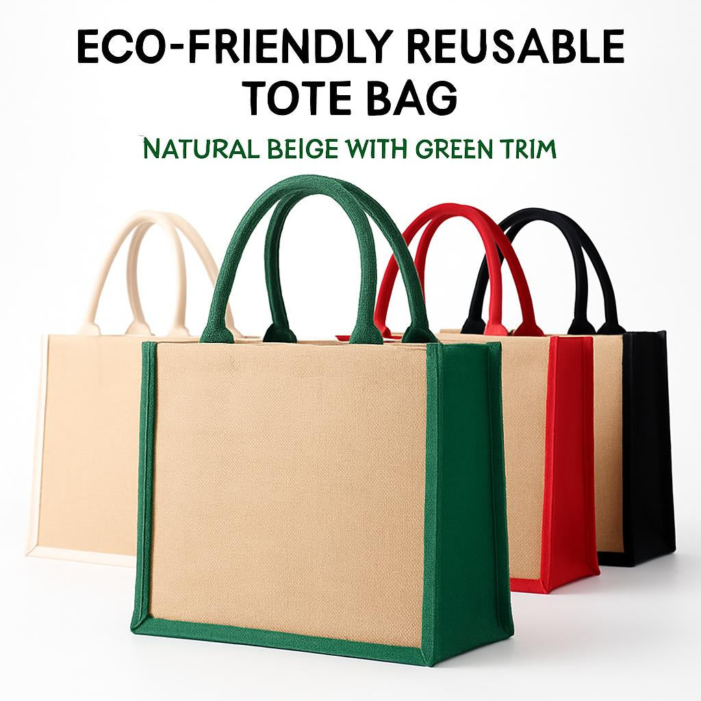 Eco-Friendly Reusable Tote Bag - Natural Beige with Green Trim
