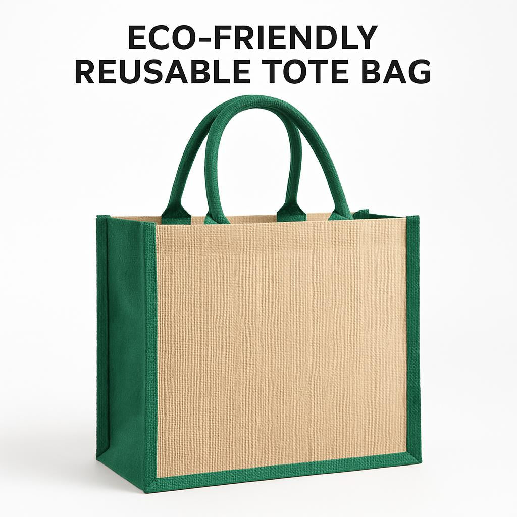 Eco-Friendly Reusable Tote Bag - Natural Beige with Green Trim