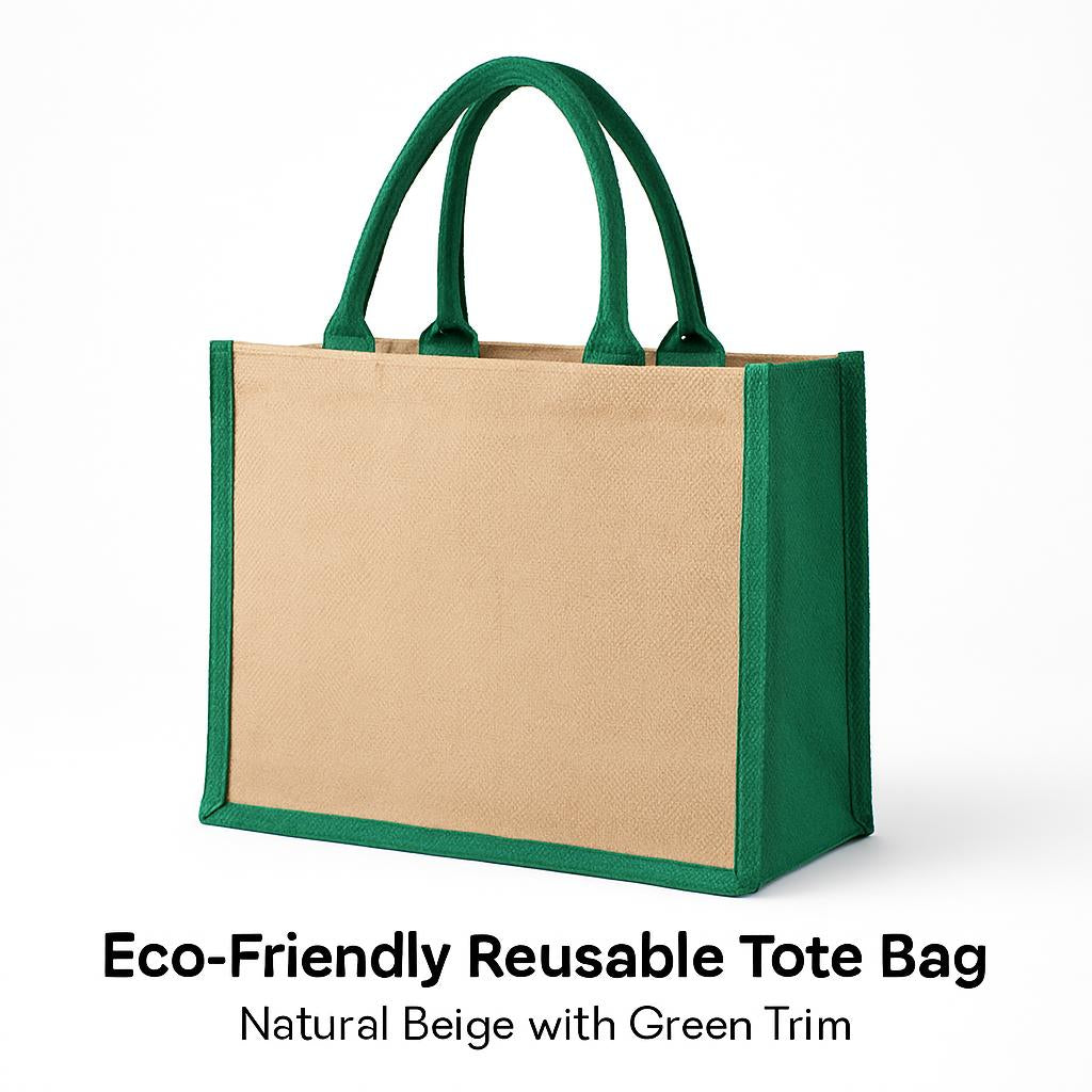 Eco-Friendly Reusable Tote Bag - Natural Beige with Green Trim