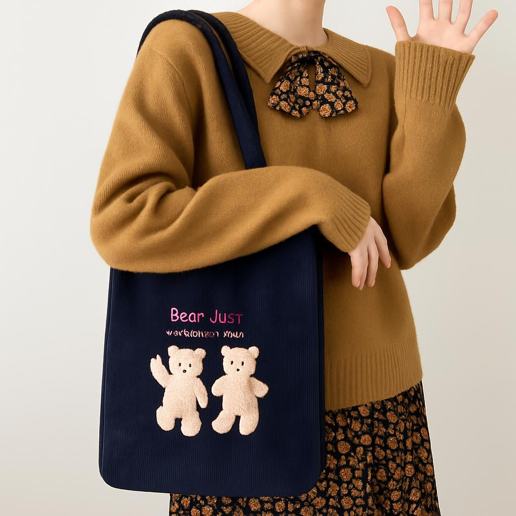 Eco-Friendly Corduroy Tote Bag with Lucky Bears Embroidery