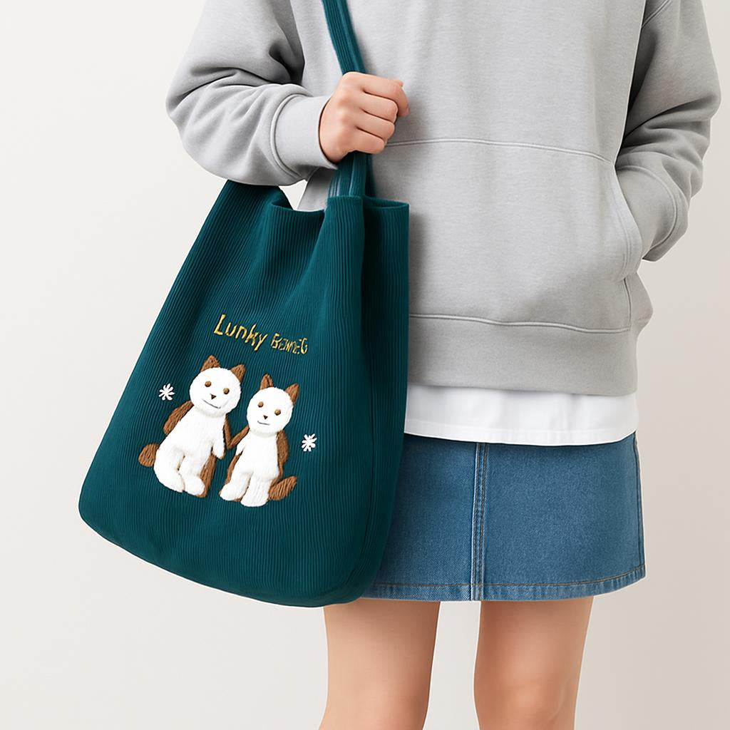 Eco-Friendly Corduroy Tote Bag with Lucky Bears Embroidery