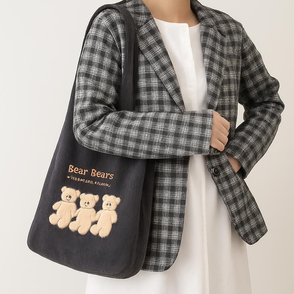 Eco-Friendly Corduroy Tote Bag with Lucky Bears Embroidery