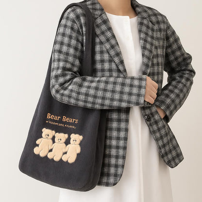 Eco-Friendly Corduroy Tote Bag with Lucky Bears Embroidery