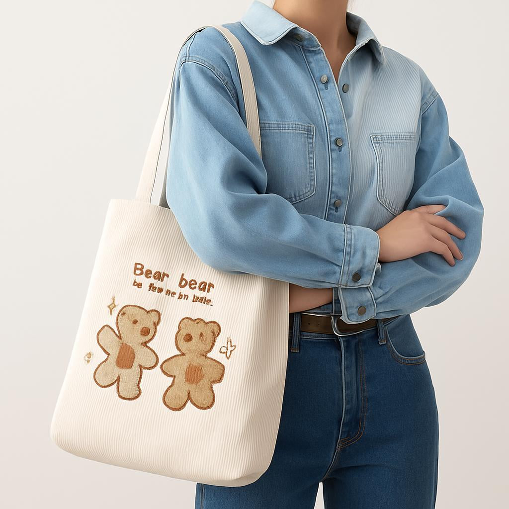 Eco-Friendly Corduroy Tote Bag with Lucky Bears Embroidery