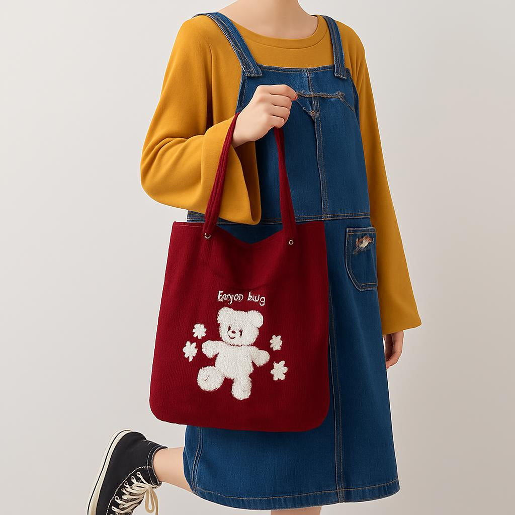 Eco-Friendly Corduroy Tote Bag with Lucky Bears Embroidery