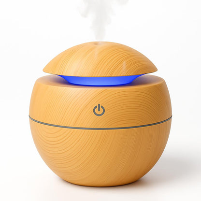 Eco-Friendly Spherical Humidifier with Wood Grain Finish and Blue Light