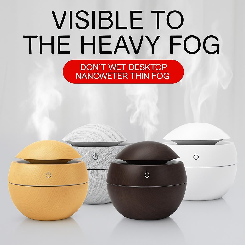 Eco-Friendly Spherical Humidifier with Wood Grain Finish and Blue Light