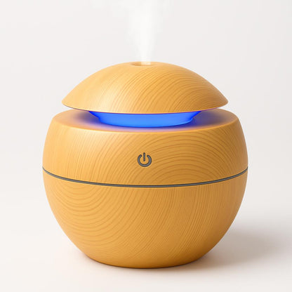 Eco-Friendly Spherical Humidifier with Wood Grain Finish and Blue Light