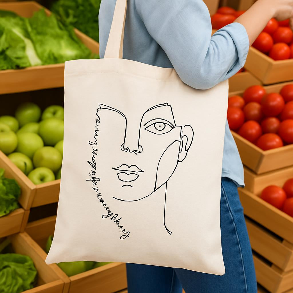 Eco-Friendly Reusable Cotton Tote Bag with Black Line Art