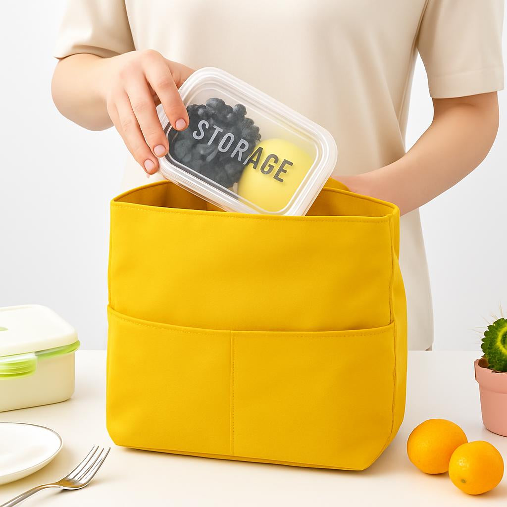 Yellow rectangular insulated reusable lunch bag