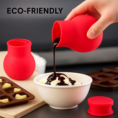 Red silicone measuring cup with a bulbous shape and wide opening