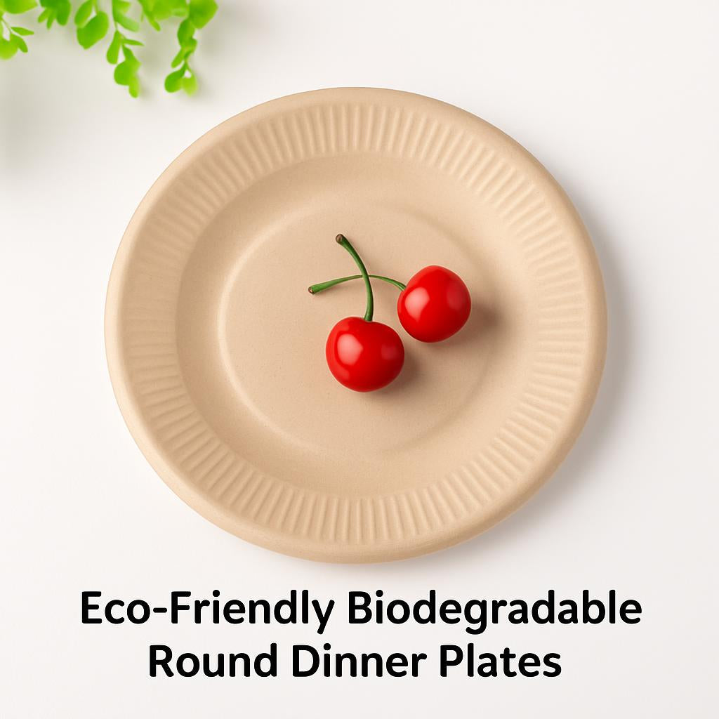 Eco-Friendly Biodegradable Round Dinner Plates in Natural Beige