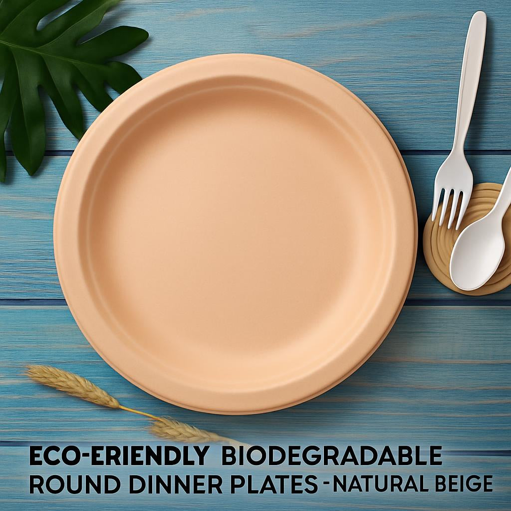 Eco-Friendly Biodegradable Round Dinner Plates - Natural Beige