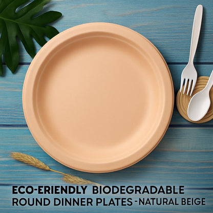 Eco-Friendly Biodegradable Round Dinner Plates - Natural Beige