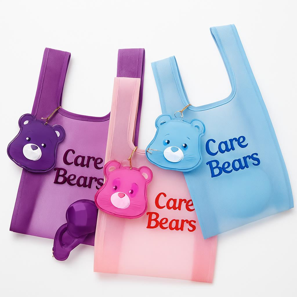 Eco-Friendly Reusable Shopping Bags with Bear Pouches in Purple, Pink, and Blue
