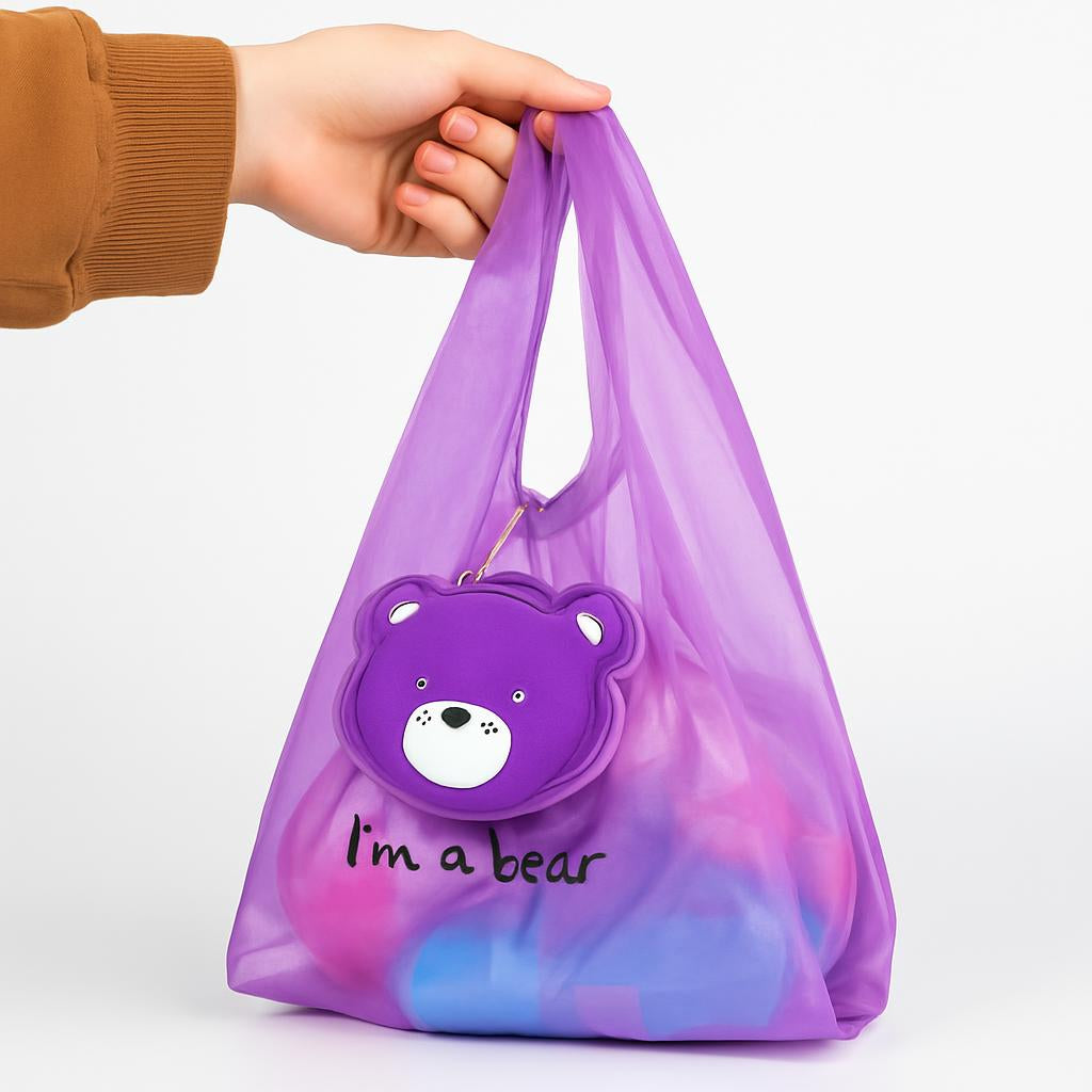 Eco-Friendly Reusable Shopping Bags with Bear Pouches - Purple, Pink, Blue