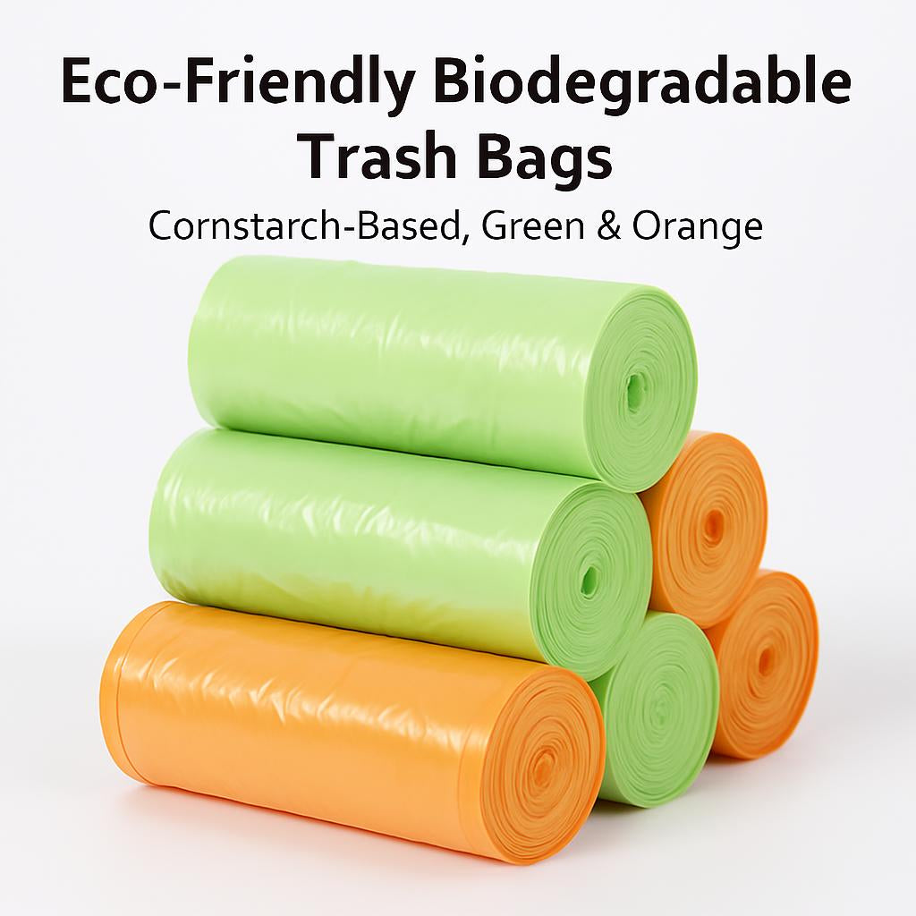 Eco-Friendly Biodegradable Trash Bags - Cornstarch-Based, Green & Orange