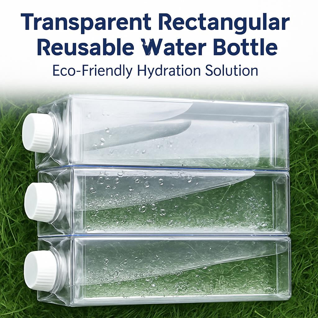 Transparent rectangular reusable water bottle with white cap