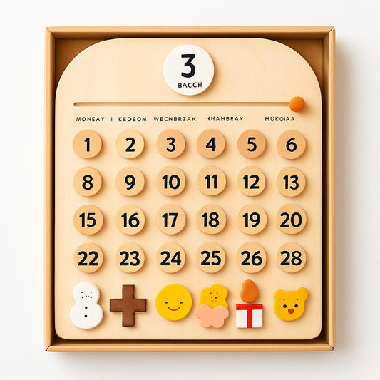 Eco-Friendly Perpetual Wooden Calendar with Natural Wood and Multicolored Accents