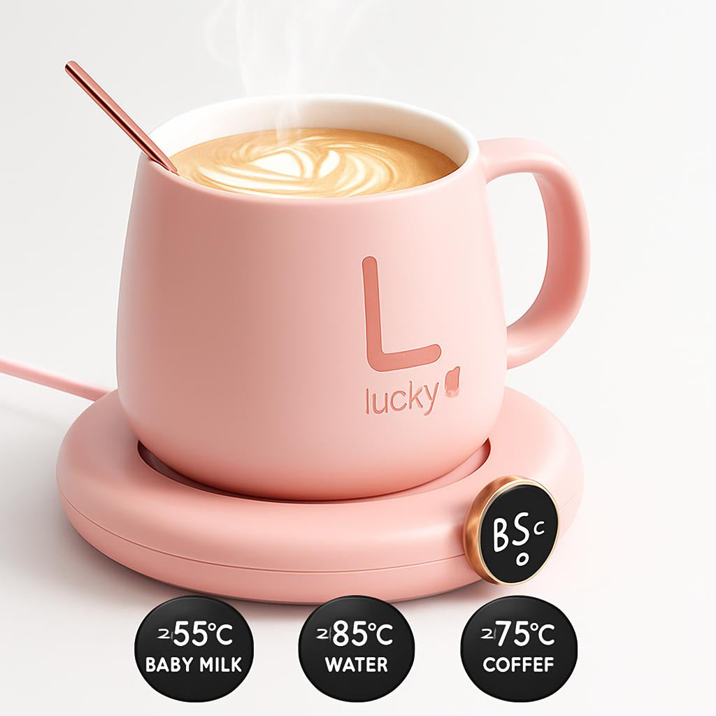 Eco-Friendly Electric Mug Warmer Set with Ceramic Mug in Pink, Green, and White