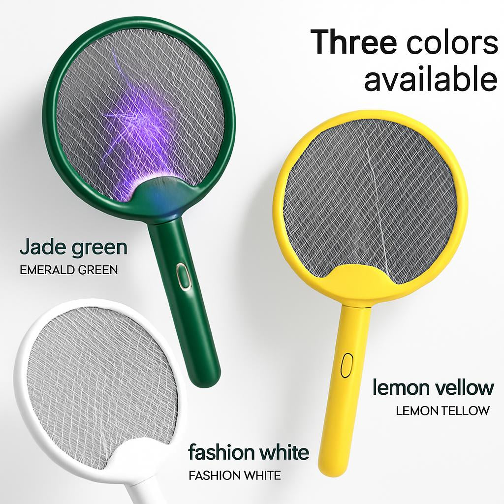 Eco-friendly electric fly swatter in emerald green, fashion white, and lemon yellow