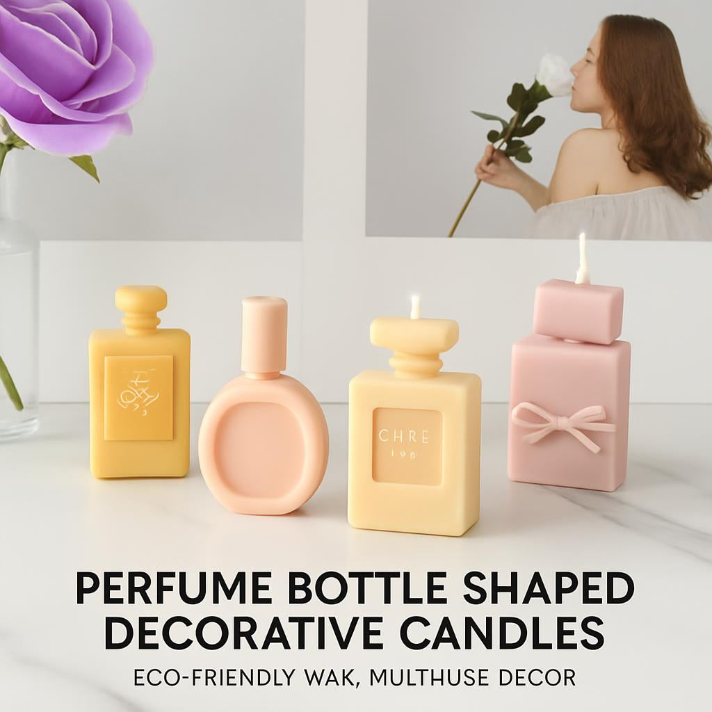 Perfume Bottle Shaped Decorative Candles in Yellow, Pink, and Beige