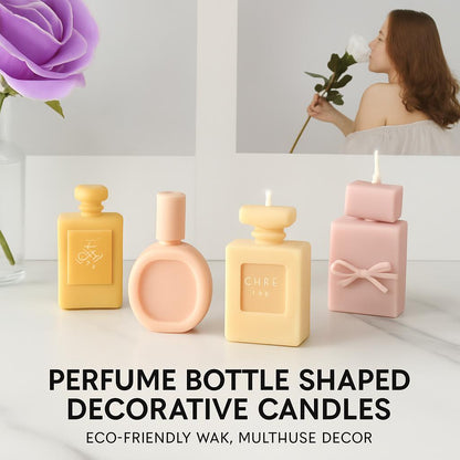 Perfume Bottle Shaped Decorative Candles in Yellow, Pink, and Beige