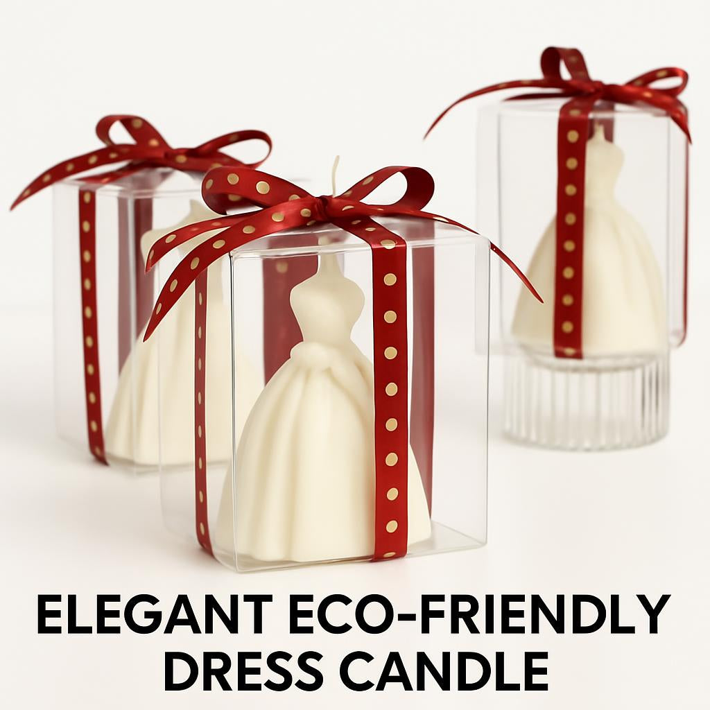 White dress-shaped decorative candle in clear box with red ribbon